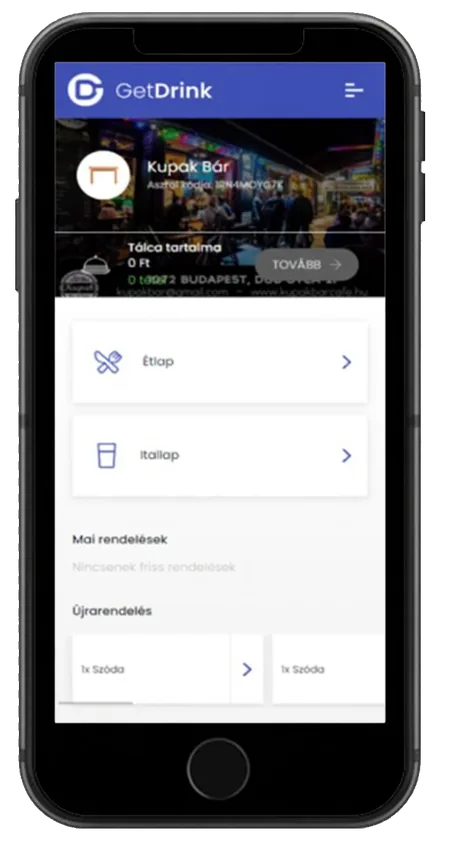GetDrink app — étlap és újrarendelés